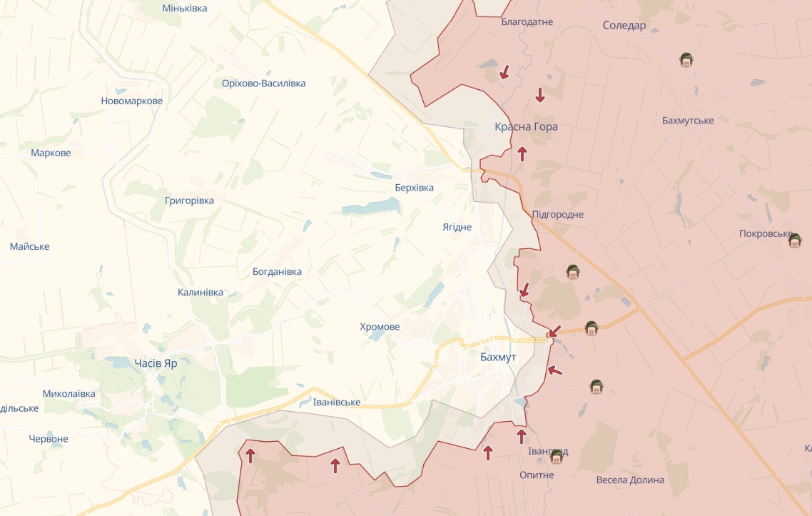 Карта deepstatemap.live Генштаб: ЗСУ відбилися від росіян біля Бахмута, Мар'їнки та Вугледара, збили Су-25 – карта