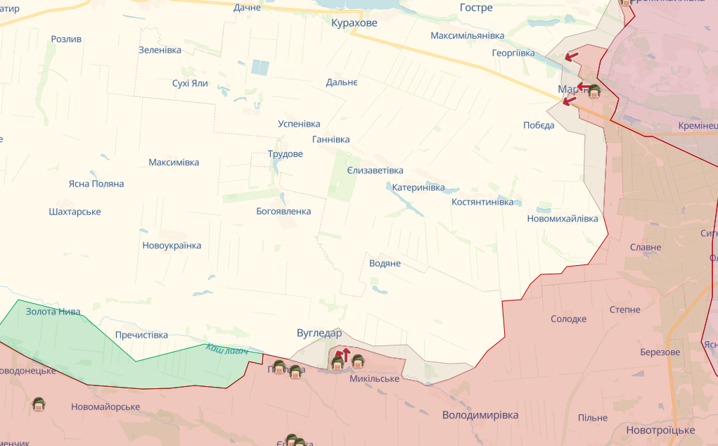Фронт у районі Вугледара та Мар'їнки (Карта: deepstatemap.live)