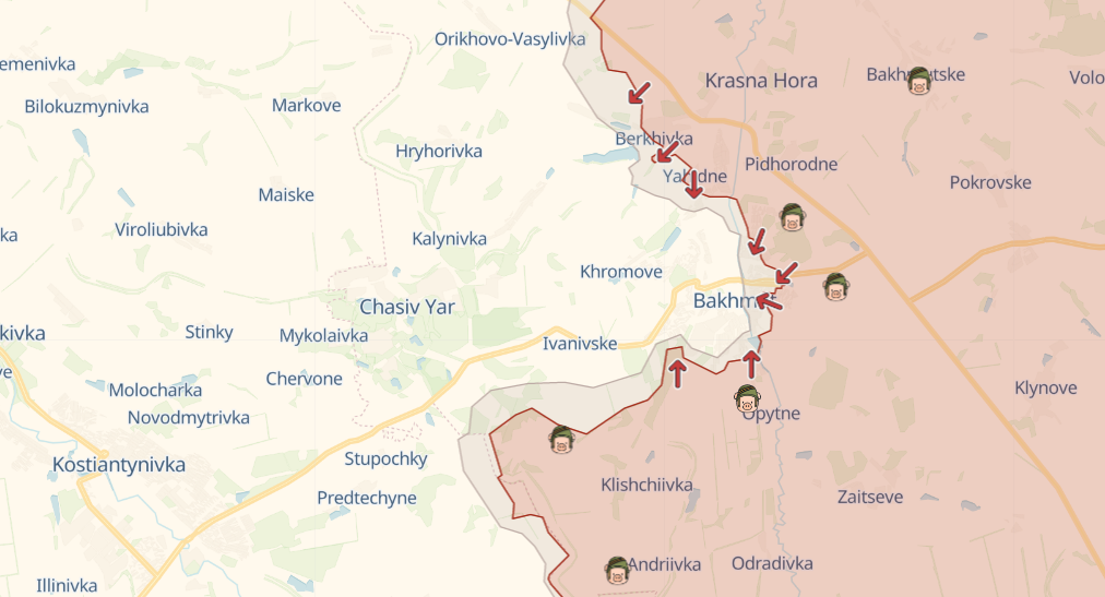Ситуація біля Бахмута (Фото: deepstatemap) Росія наступає на п'яти напрямках. ЗСУ відбили понад 70 атак — Генштаб