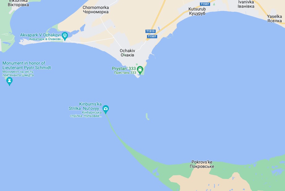 Кінбурнська коса (Карта Google) Кінбурнська коса. Росіяни підготували чотири катери для диверсантів, ЗСУ їх знищили