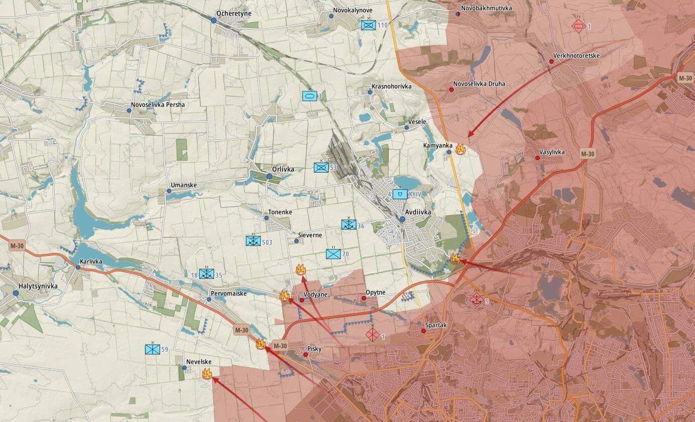 Фронт у районі Авдіївки (Карта: Military Land)