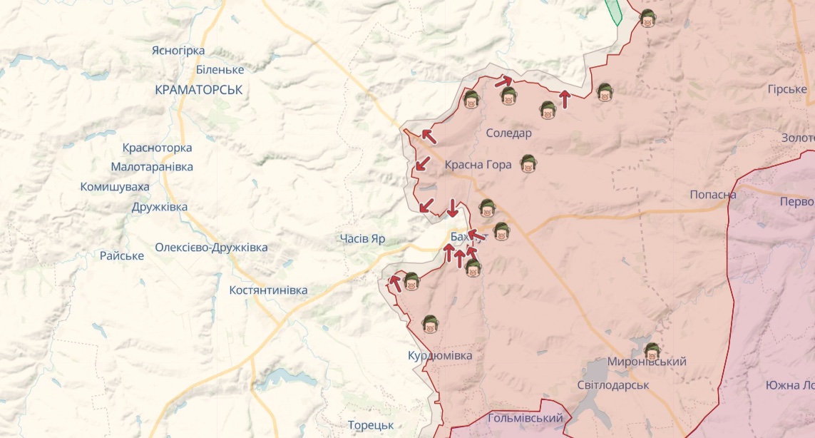 ГШ: Росіяни штурмують Бахмут, атакують біля Мар'їнки та Авдіївки, ЗСУ відбили 92 атаки – карта
