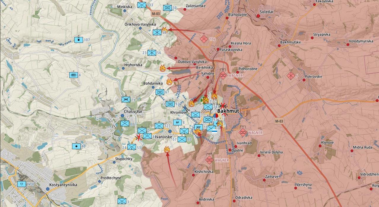 Фронт в районе Бахмута (Карта: Military Land)