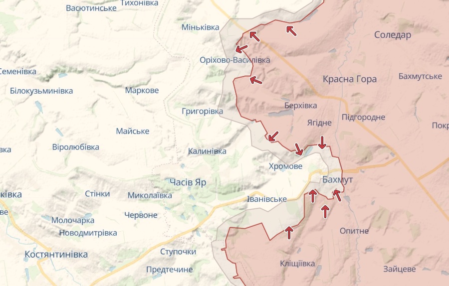 Карта: deepstatemap.live Генштаб: Росія продовжує штурм Бахмута, безуспішно атакує біля Авдіївки та Мар'їнки – карта
