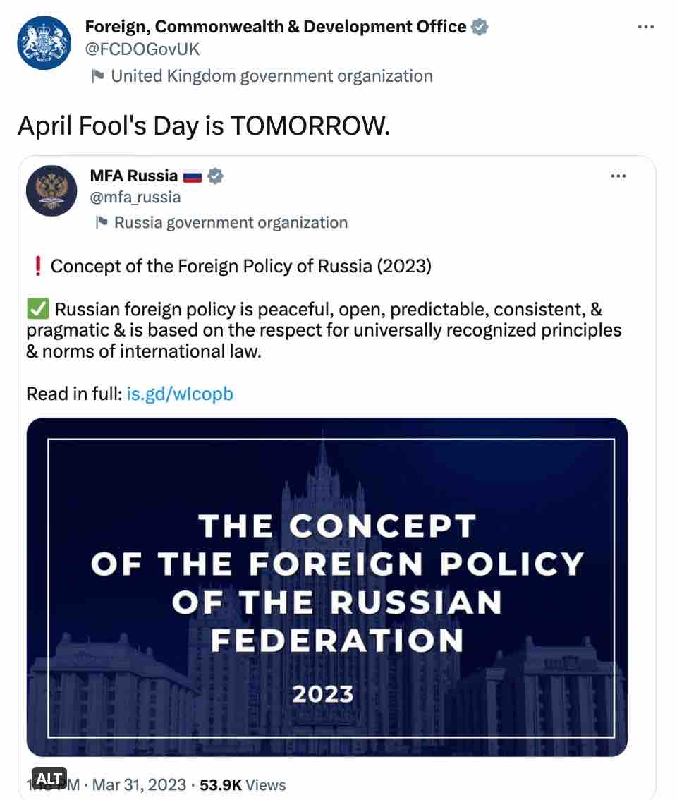 Скриншот МИД Великобритании и России обменялись саркастическими выпадами в Twitter