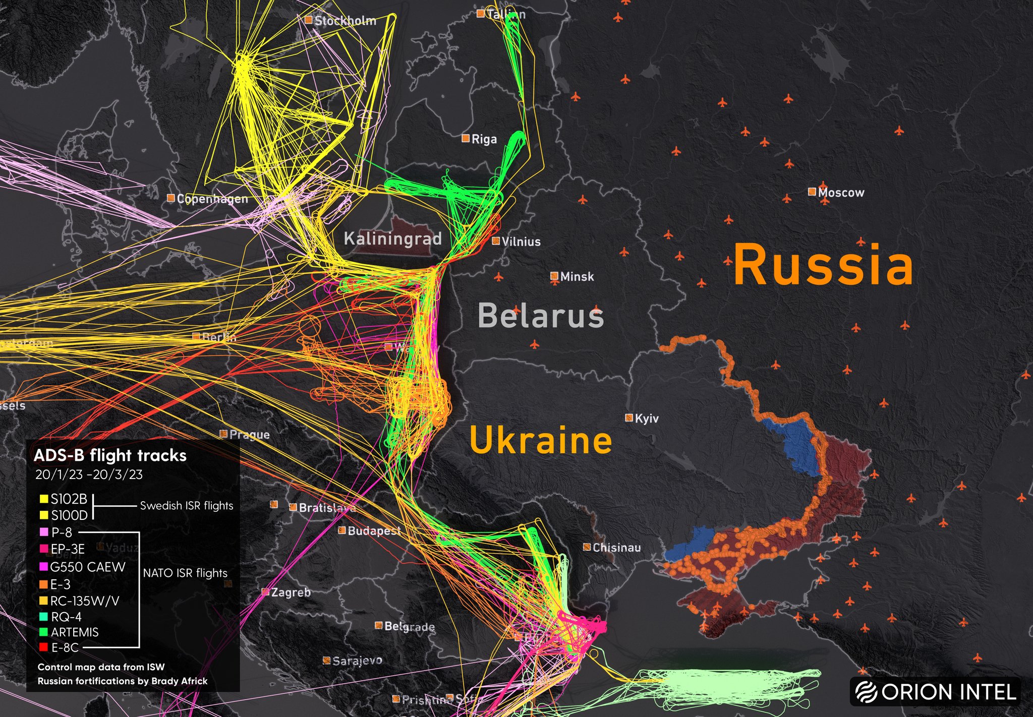 Опубликована карта полетов самолетов-разведчиков НАТО у границ Украины и РФ за два месяца