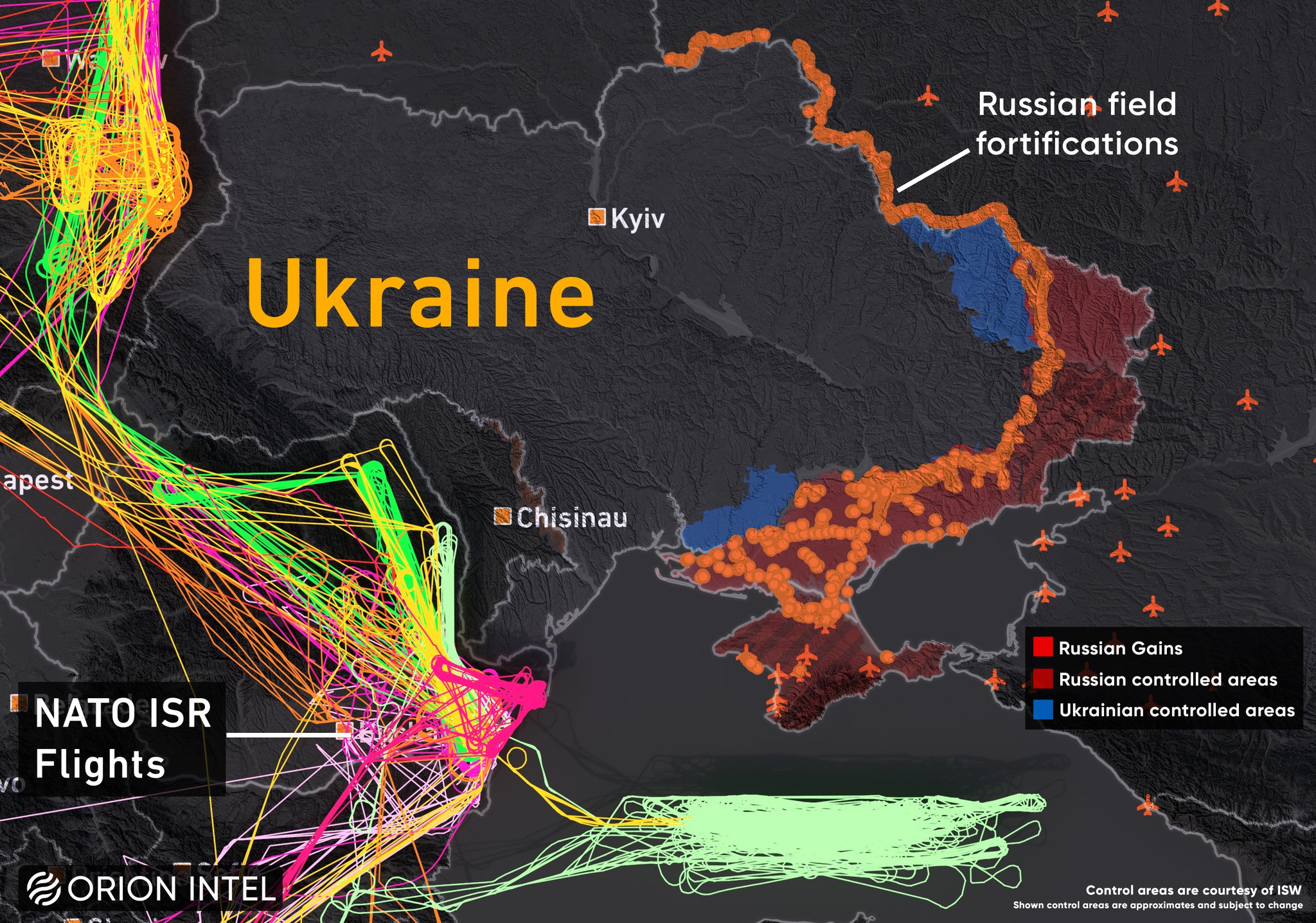 Опубліковано карту польотів літаків-розвідників НАТО біля кордонів України та РФ за два місяці