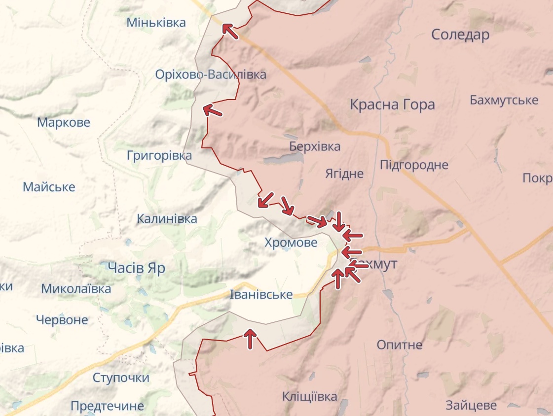 Карта: deepstatemap.live Генштаб: Йдуть бої за Бахмут, росіяни атакують Мар'їнку та Авдіївку – карта