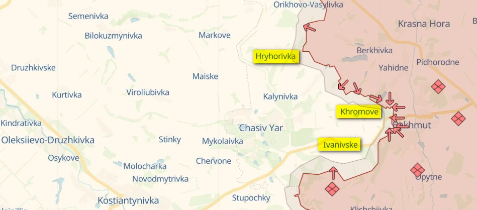 Карта: deepstatemap.live Генштаб: Россия наступает на дороги из Бахмута, идут ожесточенные бои за Марьинку – карта