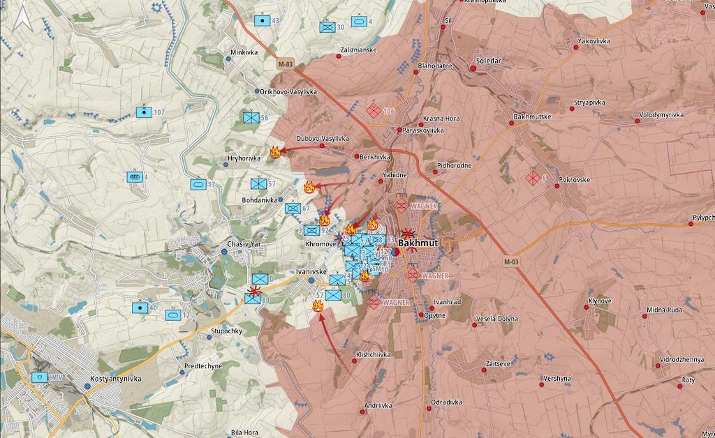Фронт у районі Бахмута (Карта: Military Land)