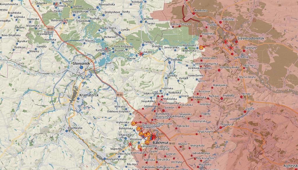 Фронт в районе Кременной и Бахмута (Карта: Military Land)