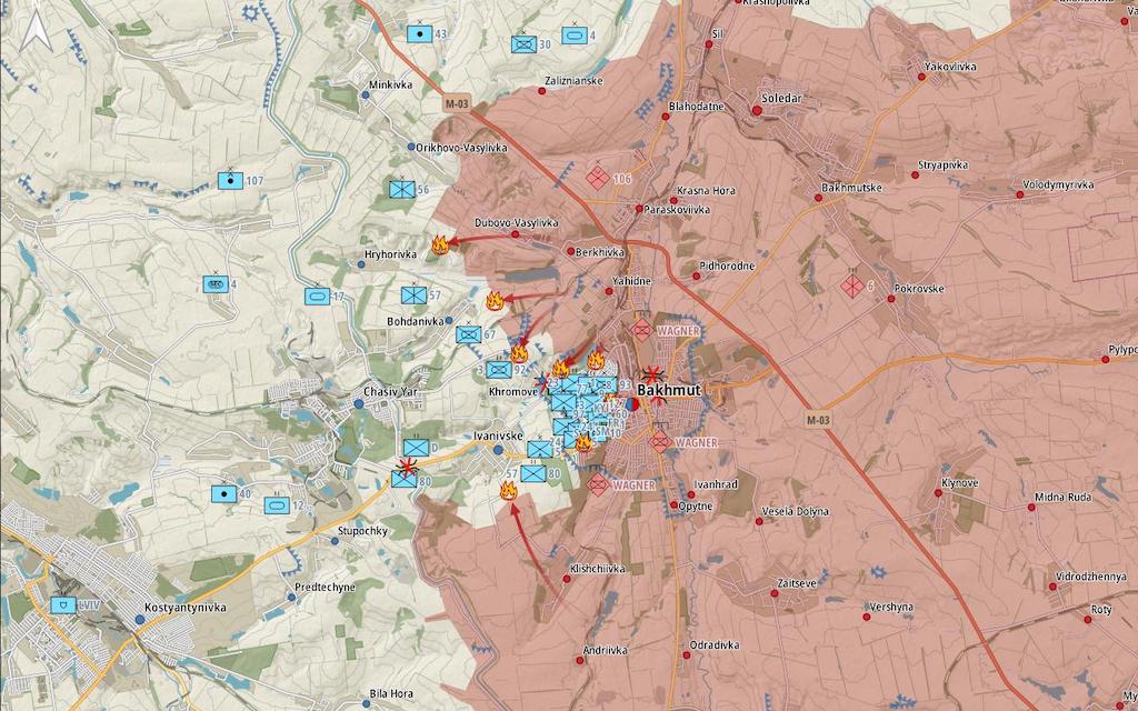 Фронт в районе Бахмута (Карта: Military Land)