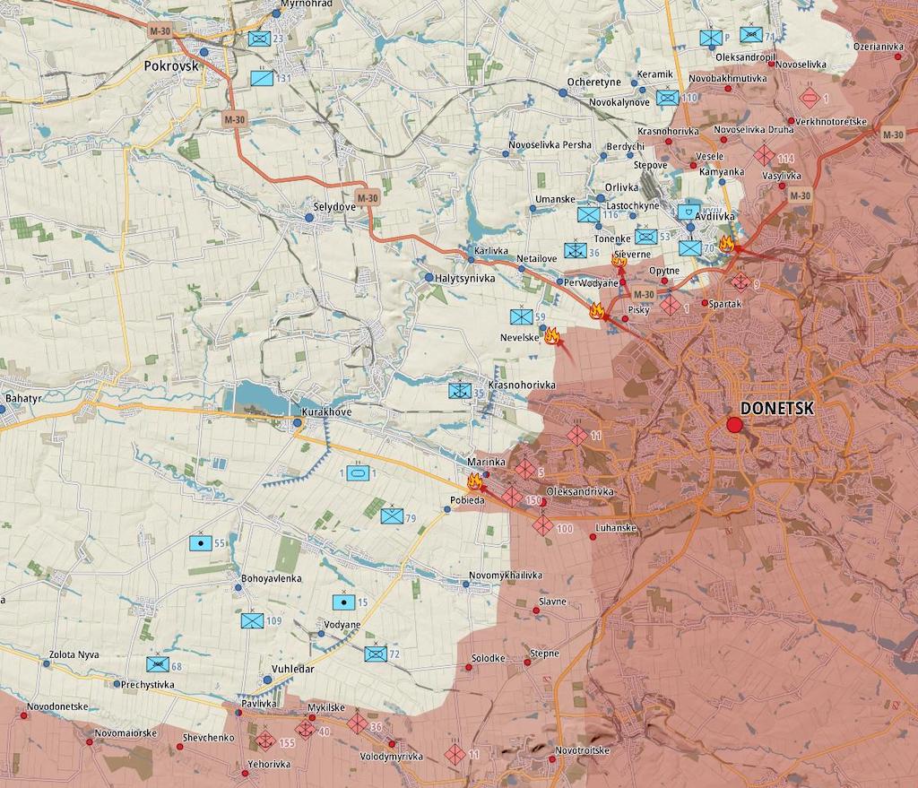 Фронт в районе Донецка (Карта: Militay Land)