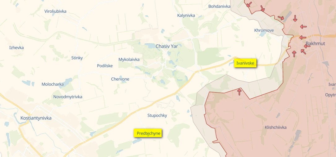 Генштаб: Россия наступает на трассу Бахмут – Константиновка – карта