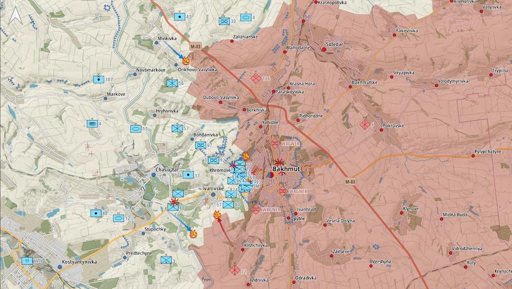 Фронт в районе Бахмута (карта: Military Land)