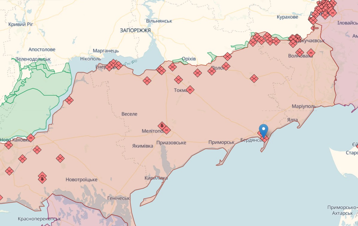 Бердянськ на карті DeepState Бердянськ. У мережі пишуть про потужні вибухи – відео, фото