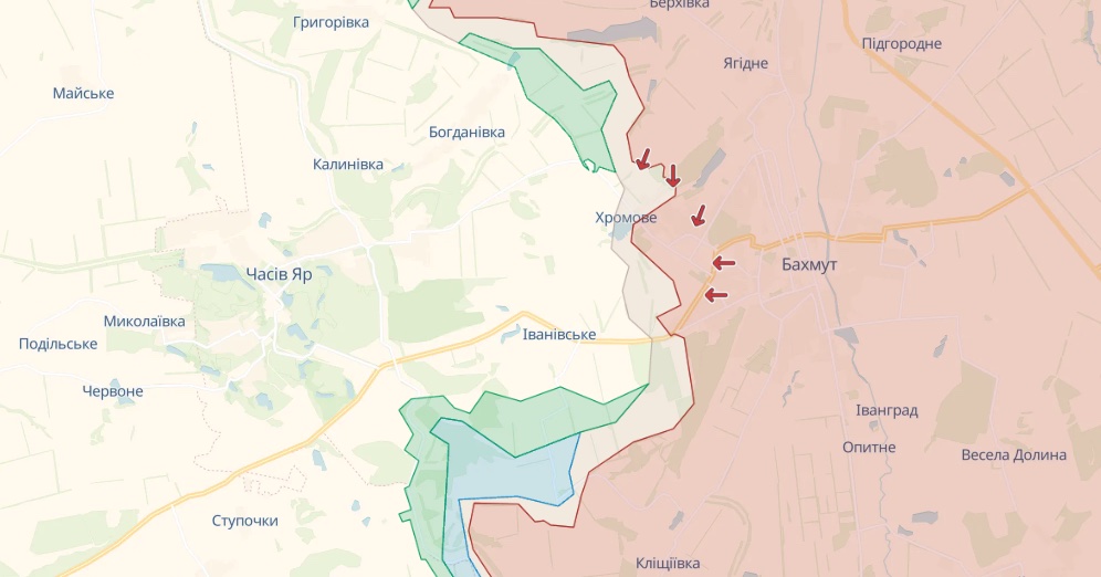 Мапа deepstatemap.live Генштаб: Під Бахмутом немає боїв, Росія завдає авіаударів по дорозі на Часів Яр – мапа