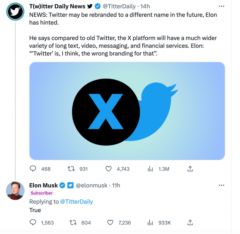 Илон Маск подтвердил переименование Twitter. Новое название – X