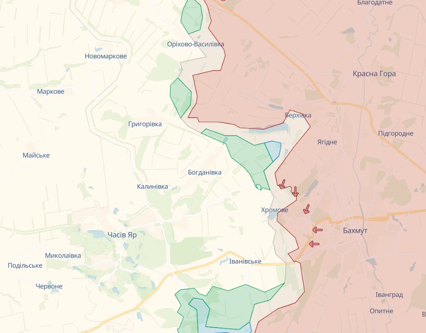 Карта: deepstatemap.live Генштаб: Росіяни атакують на флангах Бахмута, в районі Мар'їнки, Авдіївки та Лимана – карта