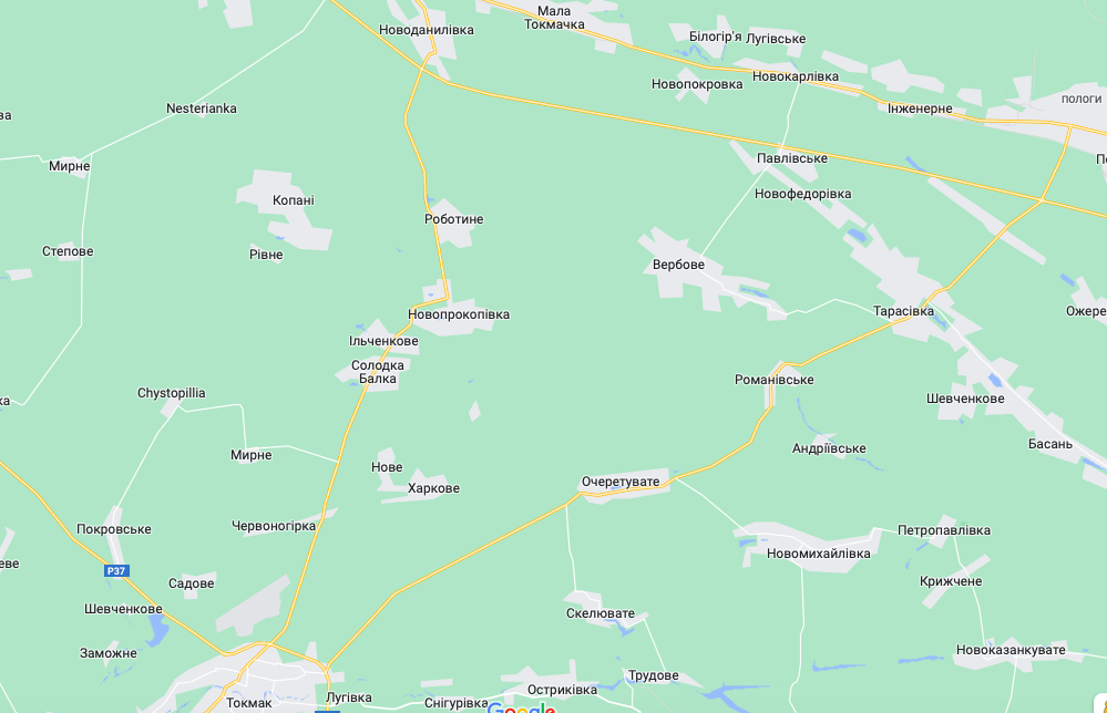Фронт в районе Токмака и Пологов (Карта: googlemaps.com)