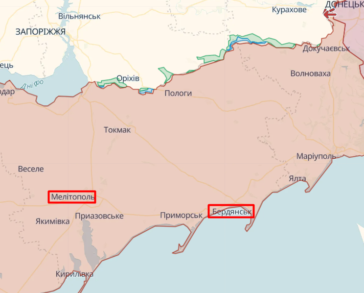 Мелітополь та Бердянськ (мапа deepstate)