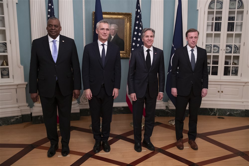US defence secretary Lloyd Austin, NATO secretary general Jens Stoltenberg, US state secretary Anthony Blinken and White House national security adviser Jake Sullivan. Photo: EPA