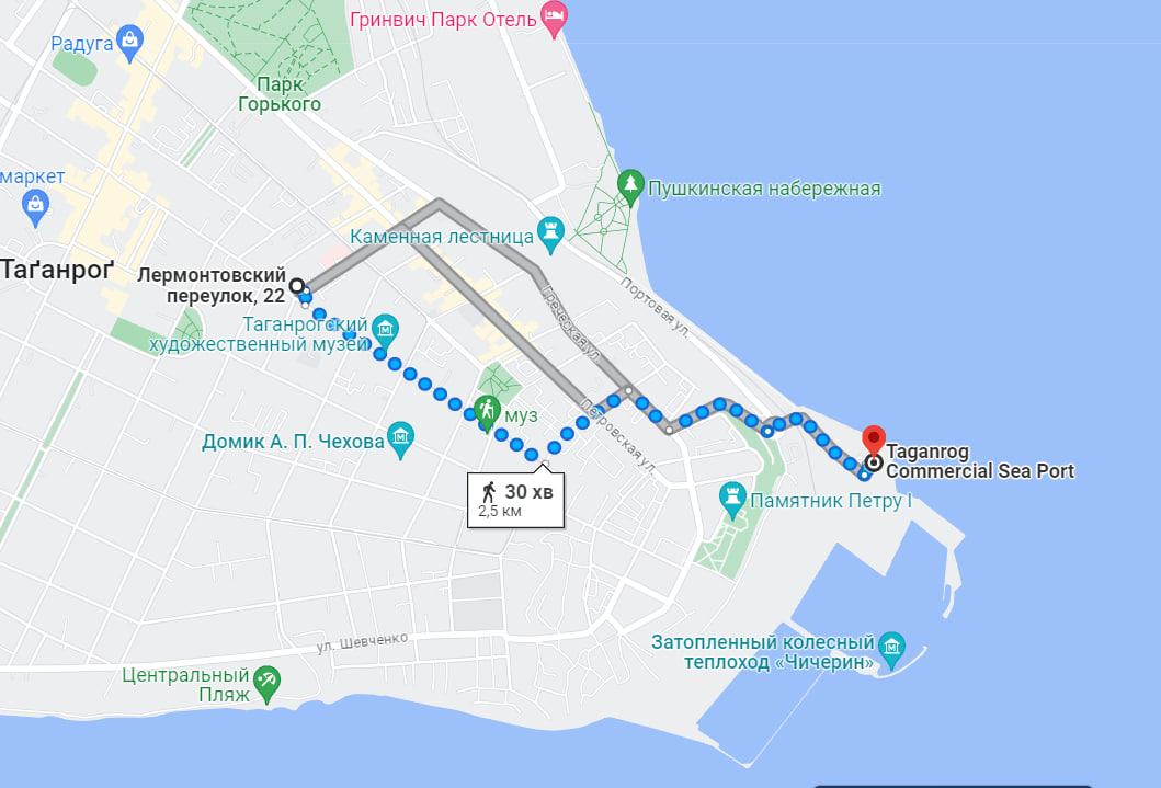 Расстояние от места взрыва до порта на карте