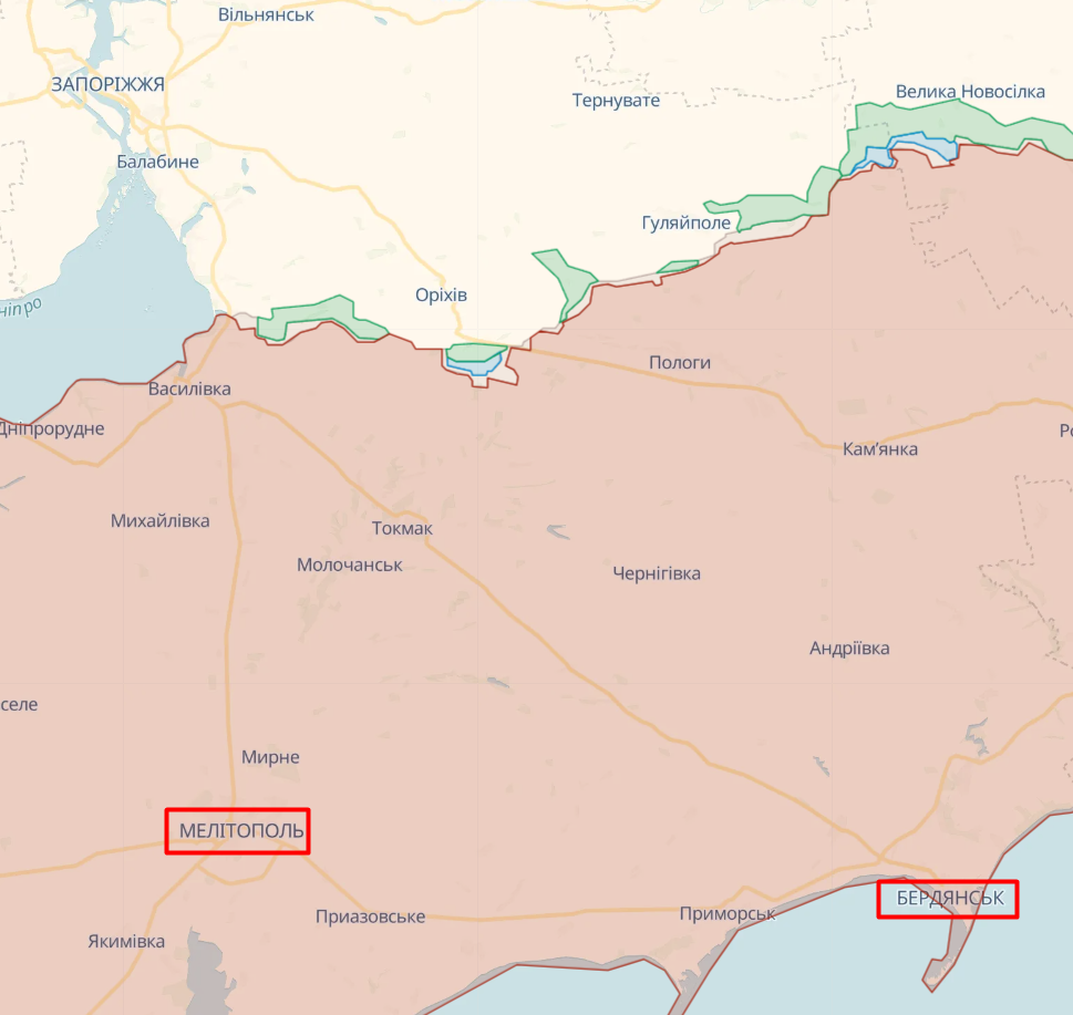 Мелітополь та Бердянськ на мапі deepstate