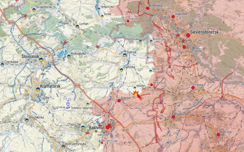 Фронт у районі Кремінної та Бахмута (Карта: Military Land)