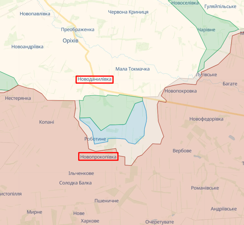 Новоданиловка и Новопрокоповка на карте deepstate