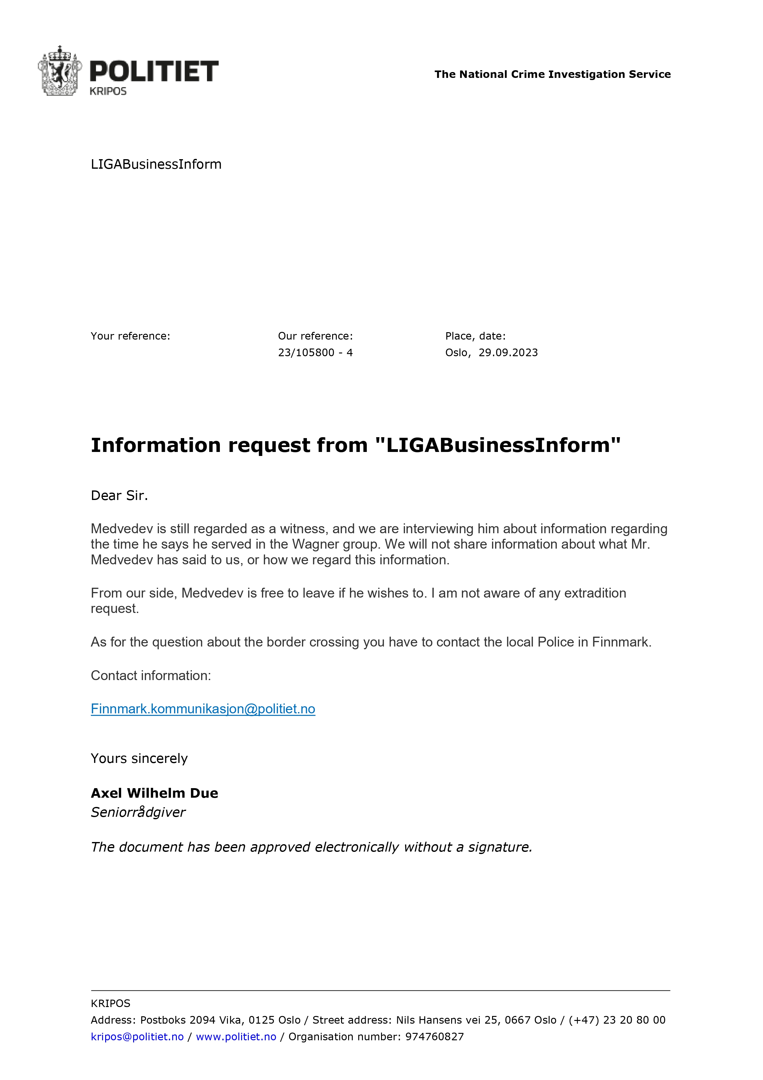 Despite arrest in Norway, letter suggests Ukraine did not move to extradite Wagner fighter