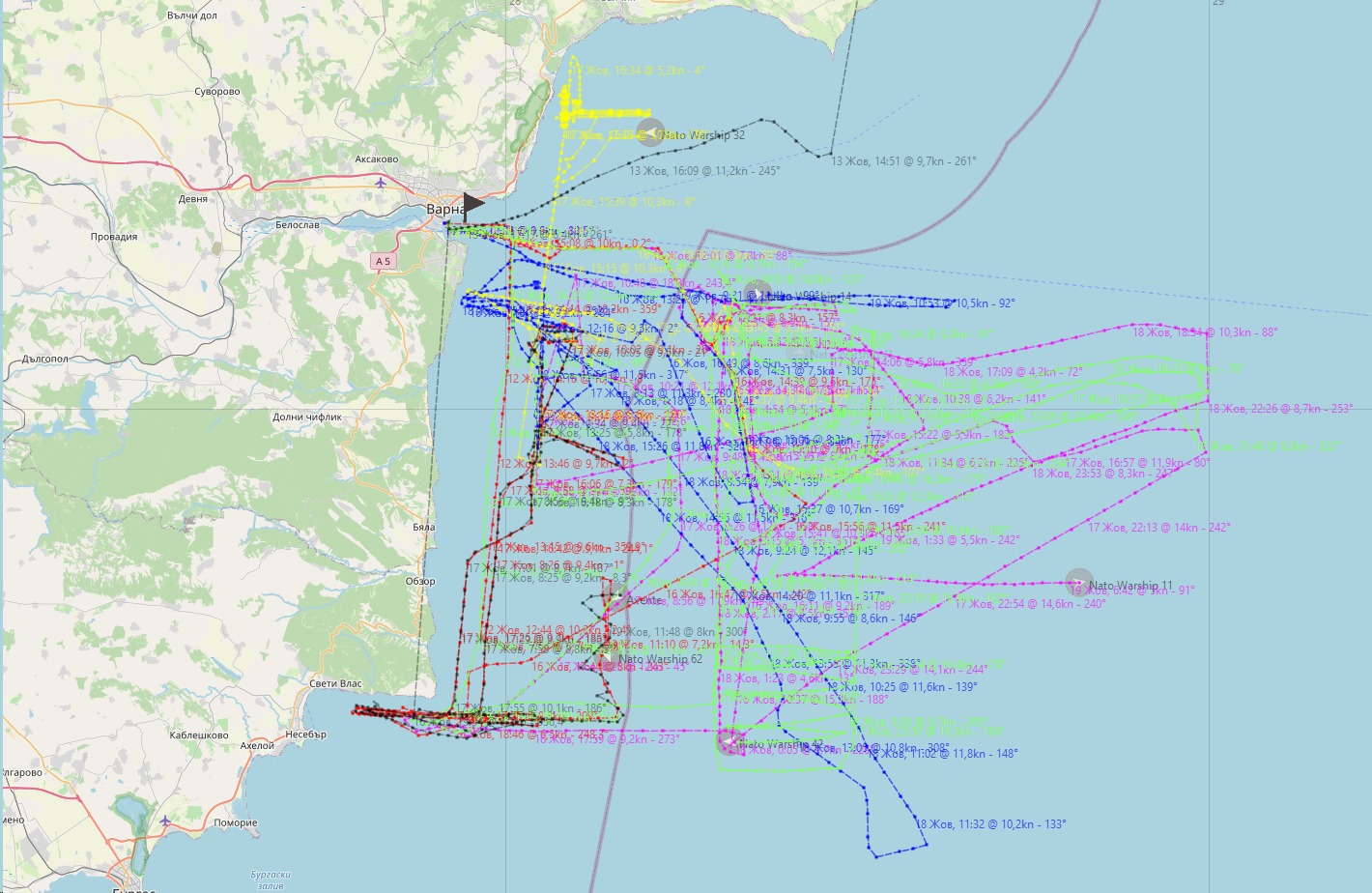 Тралення морського коридору вздовж узбережжя Болгарії (Карта – Facebook Andrii Klymenko)