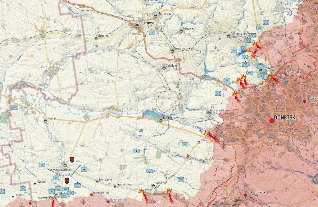 Генштаб: Росія наступає по всьому фронту, штурмує та бомбардує авіацією Авдіївку — карта