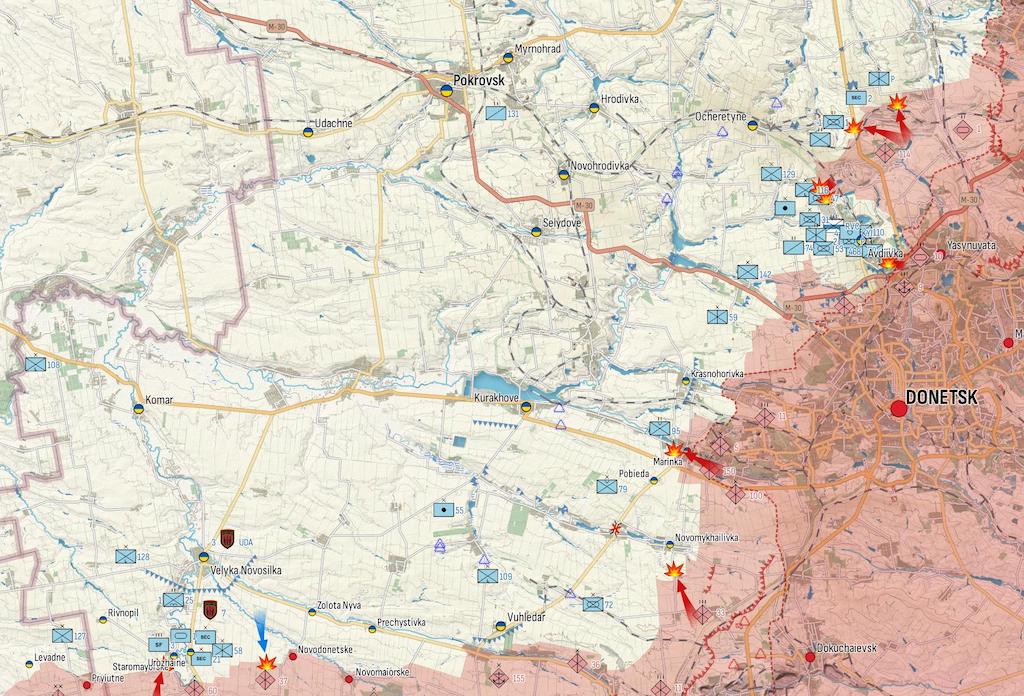 Генштаб: РФ наступає на чотирьох ділянках, жорстокі бої під Авдіївкою та Херсоном — карта
