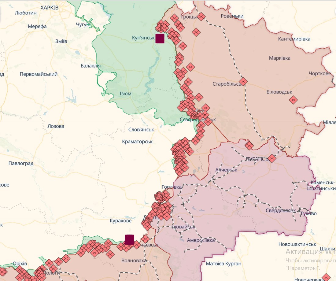 Лінія оборони – від Куп'янську до Вугледару (Фото: скріншот карти DeepState)