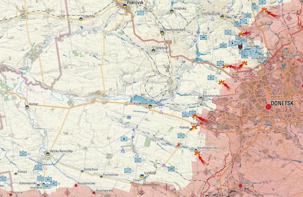 Генштаб: Россия наступает от Купянска до Херсона, жестоко штурмует район Авдеевки — карта