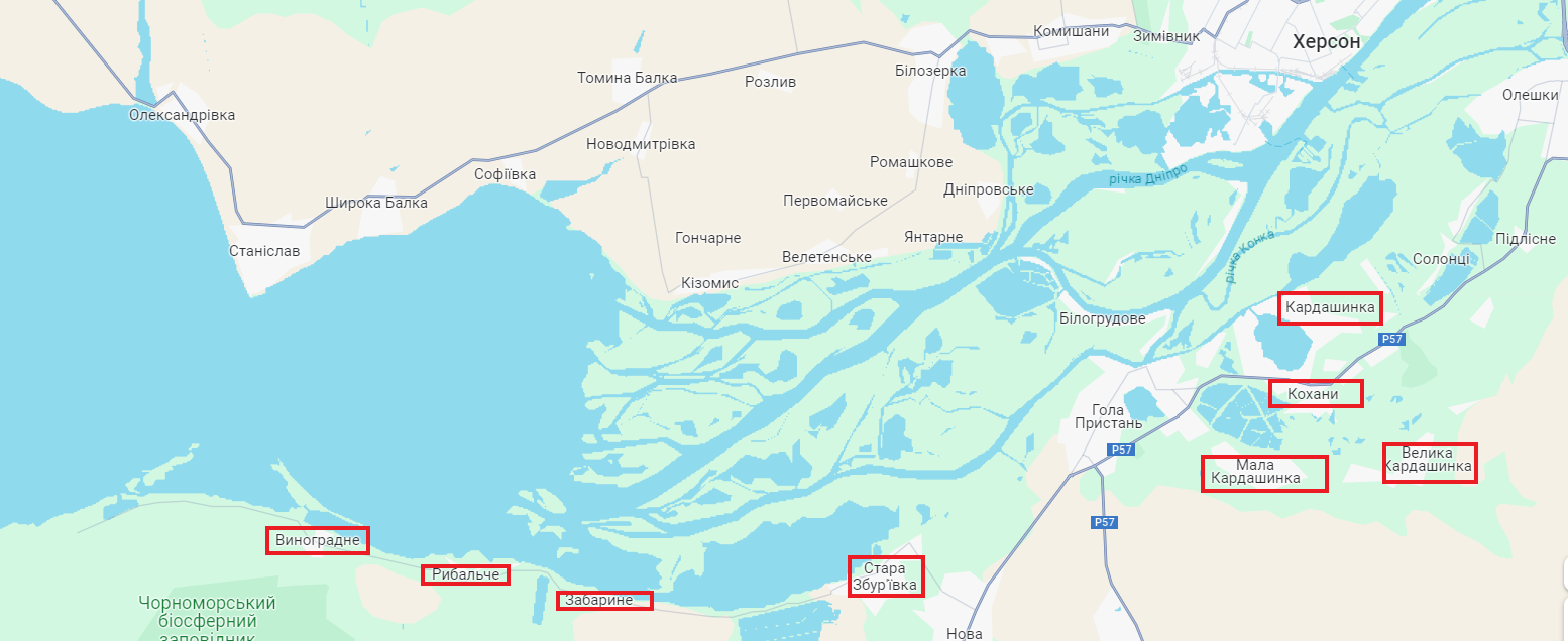 Затоплені та підтоплені населені пункти на червень 2023 року (Фото: Google maps)