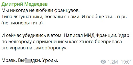 Франция считает, что в событиях в Белгороде виновата РФ. Медведев разразился оскорблениями