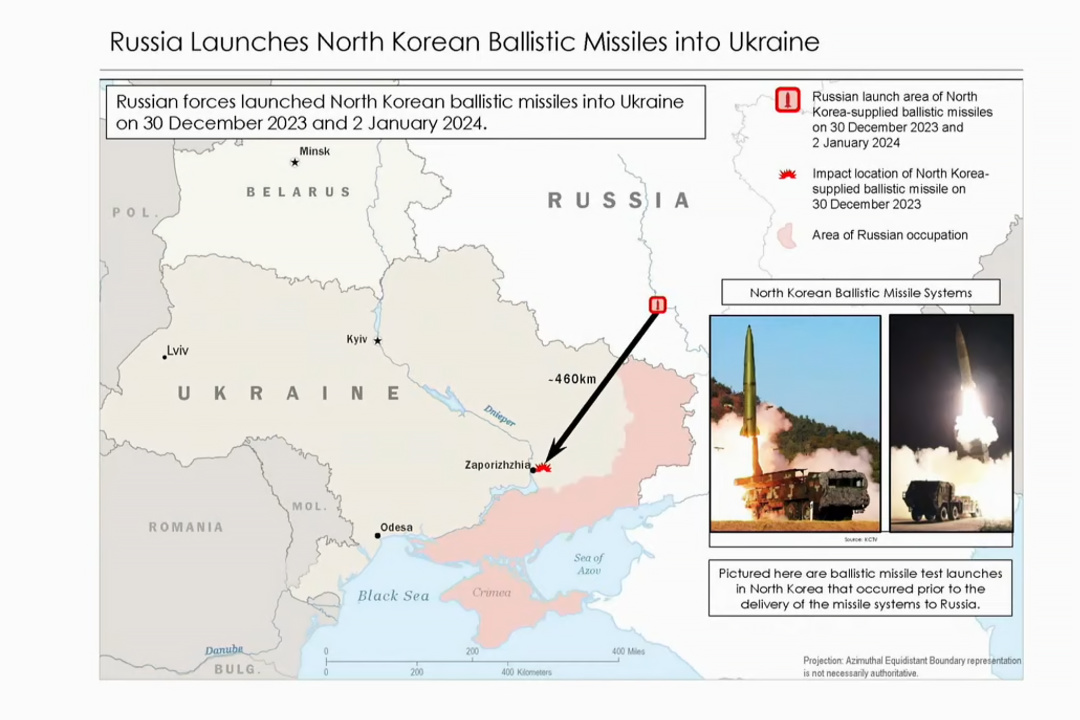 Слайд, яким проілюстровали офіційне повідомлення про застосування РФ балістичних ракет з КНДР (Фото: скріншот з відео Білого Дому)