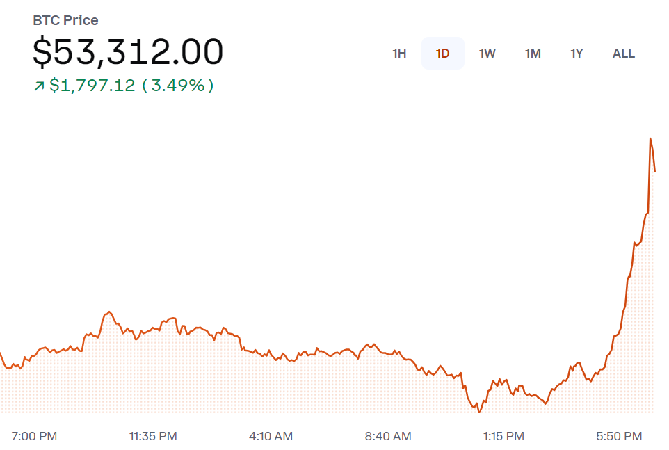 Биткоин подскочил до $53 680. На рынке ажиотаж