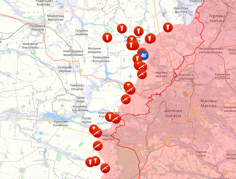 ЗСУ: Росія посилила наступ під Мар'їнкою, йде на прорив у районі Авдіївки — карта
