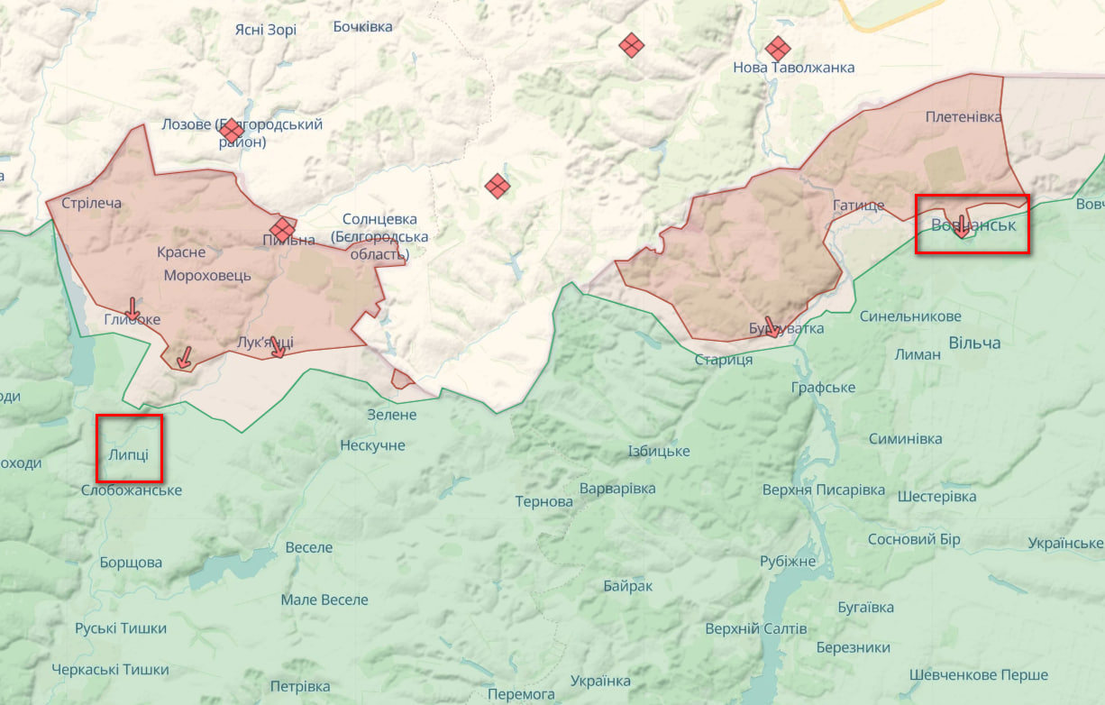 Фронт в районі Вовчанська та Липців (Карта: DeepState)